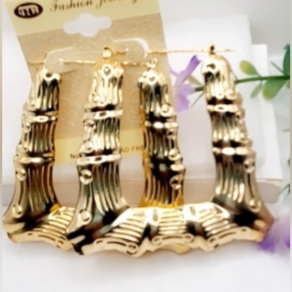 Large bamboo hoop earrings, square bamboo earrings for women. 3.0 Inches - Picture 2 of 8